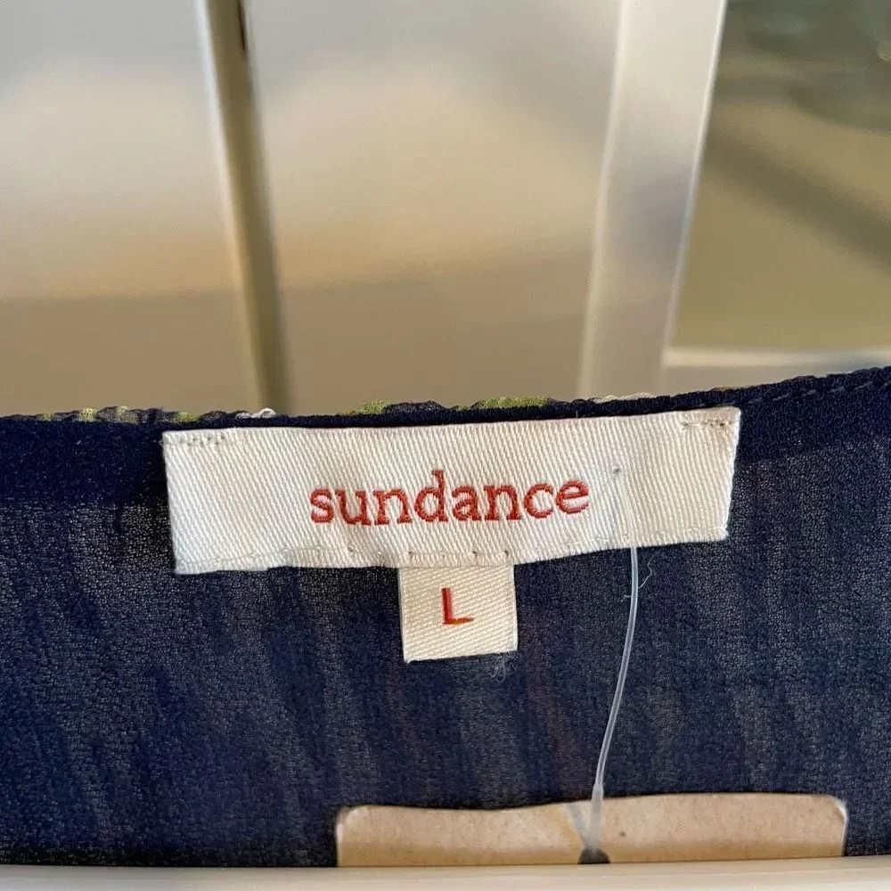 Sundance Dress Womens L Peacock Chiffon Silk Midi Whimsy Pullover NWT